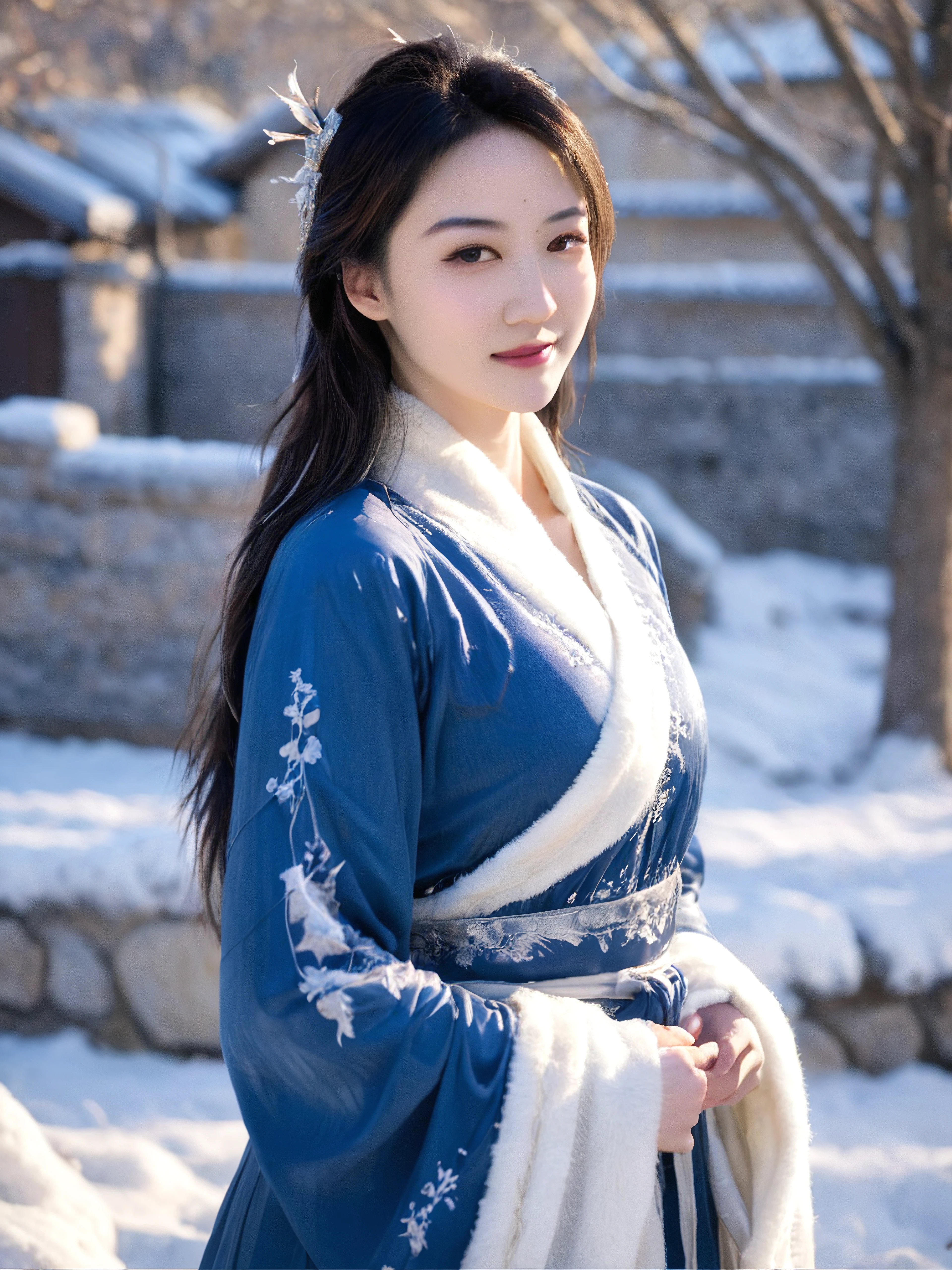 <lora:FanfanSDXL1.0:1> Fanfan
Realistic,Masterpiece, young woman,in blue dress, winter, Snow, shining brilliantly in the snow, fairy woman, skin as white as snow, delicate, beautiful,(photo realistic: 1.3) , Edge lighting, (high-detail skin: 1.2) , 8K ultra-hd, DSLR, high quality, high resolution, 8K,winter hanfu, fur collar,smile, light master,32k UHD,full_body,dynamic angle,