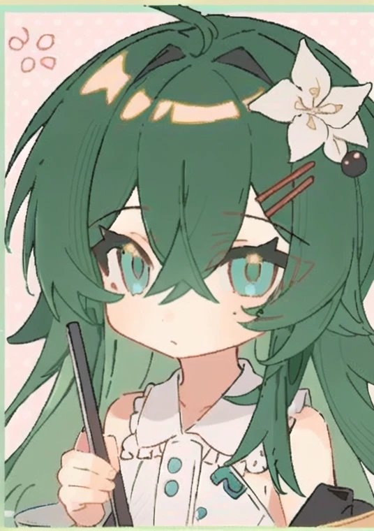 8kï¼ultra-detailed, illustration, (beautiful detailed eyes), beautiful, amazing, detailed eyes, (((masterpiece))),1girl,<lora:QB:0.8>,pajamas,hair over shoulder,full body, chibi,dark green hair,solo