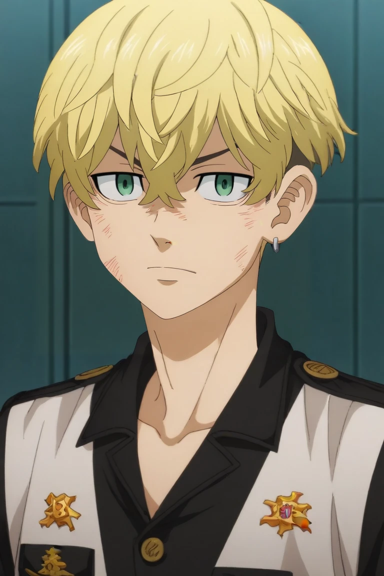 score_9, score_8_up, score_7_up, score_6_up, score_5_up, score_4_up, BREAK source_anime, (best quality:1.1), (masterpiece:1.4), looking at viewer, upper body, , 1boy, solo, male focus, <lora:chifuyu_matsuno_pony:0.98>, chifuyu_matsuno, blonde hair, green eyes, , patriotic costume, , , <lora:sdxl_lightning_8step_lora:1>