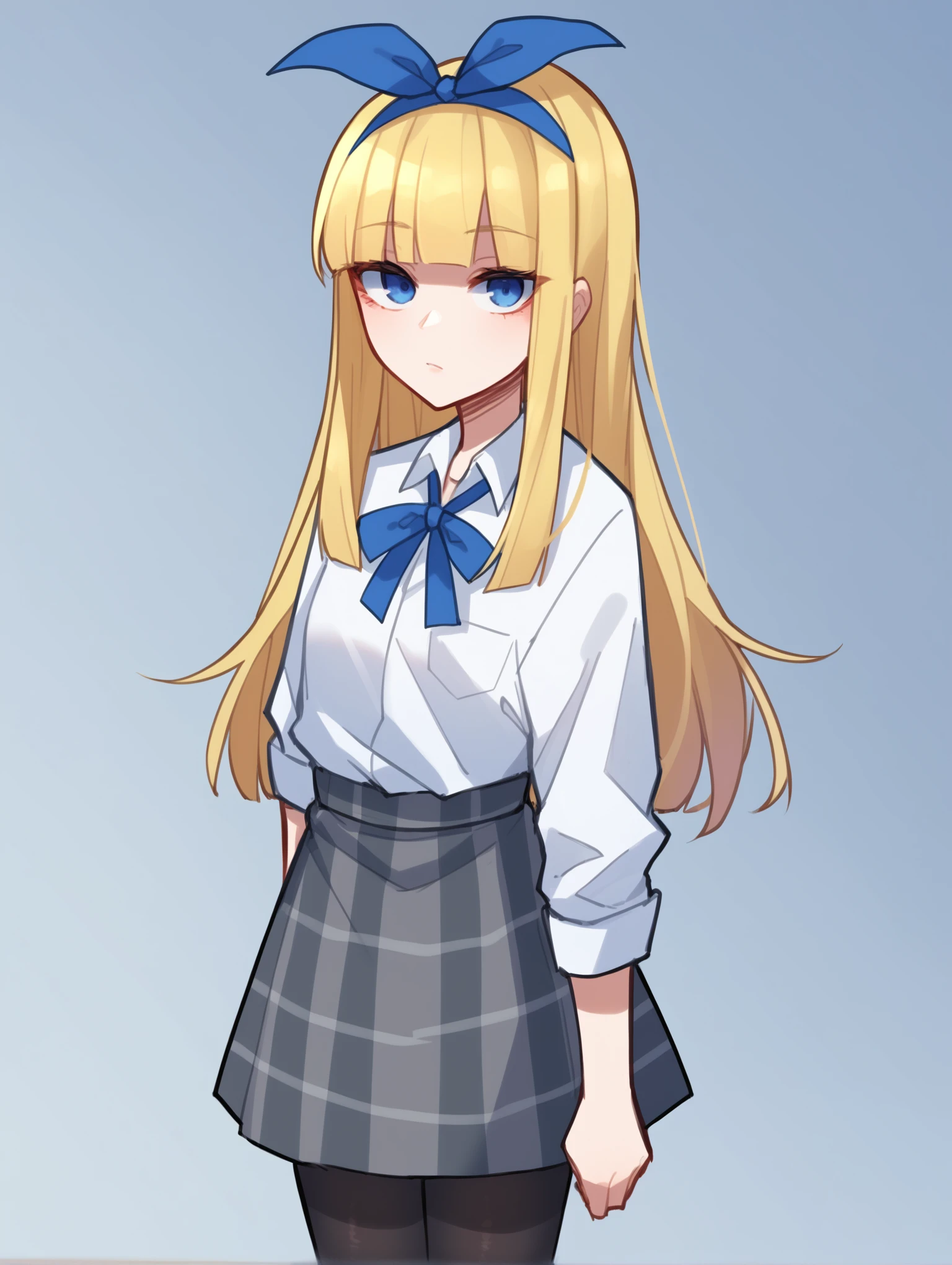 score_9, score_8_up, score_7_up, score_6_up, score_5_up, score_4_up, source_anime, BREAK
1girl, solo, looking at viewer, <lora:PopokaXL:1> popokaxl, portrait, blonde hair, long hair, hair ribbon, dress shirt, grey skirt, black pantyhose, blunt bangs, blue ribbon, blue eyes,