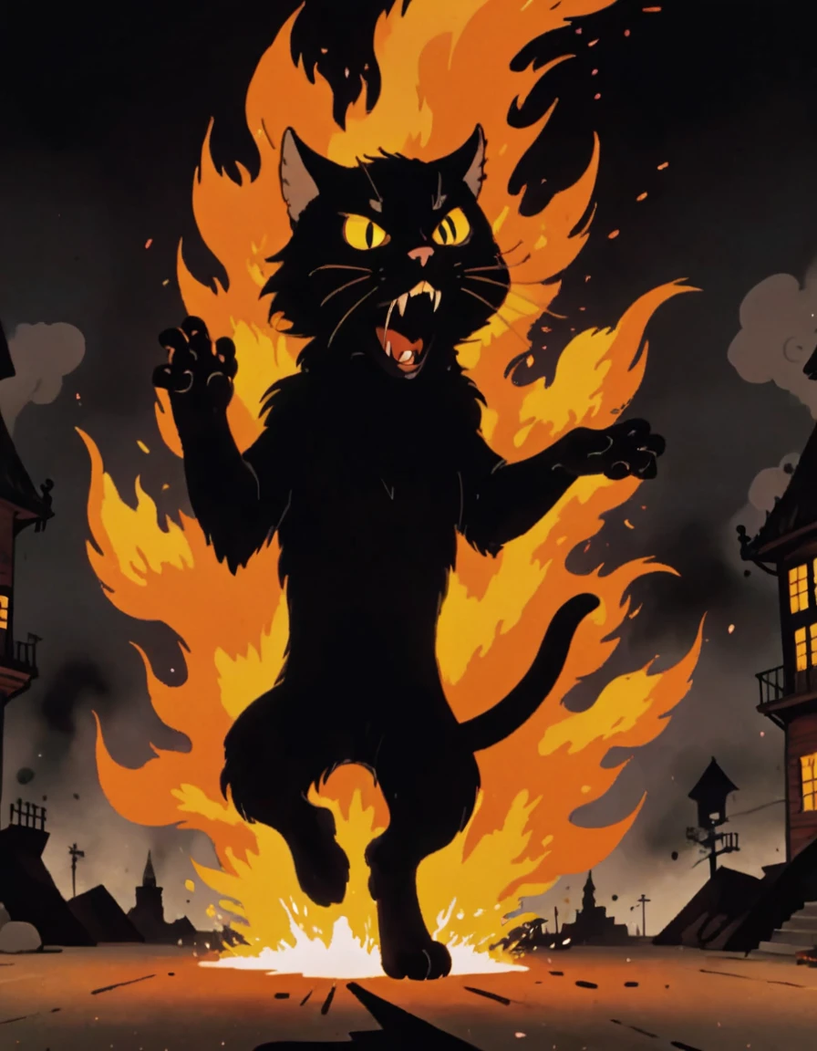 Black cat (fur standing on end:1.1) mid-air, (paws outstretched:1.1), (jumping from explosion:1.1), (red and orange flames:1.1) billowing, (smoke:1.1) rising, (surprised expression:1.1) on cat's face, (intense heat:1.1), (shockwave:1.1) radiating, (chaotic scene:1.1), (dramatic action:1.1), (sharp contrast:1.1) between cat and explosion, (dark outline:1.1) around cat, (quick movement:1.1).