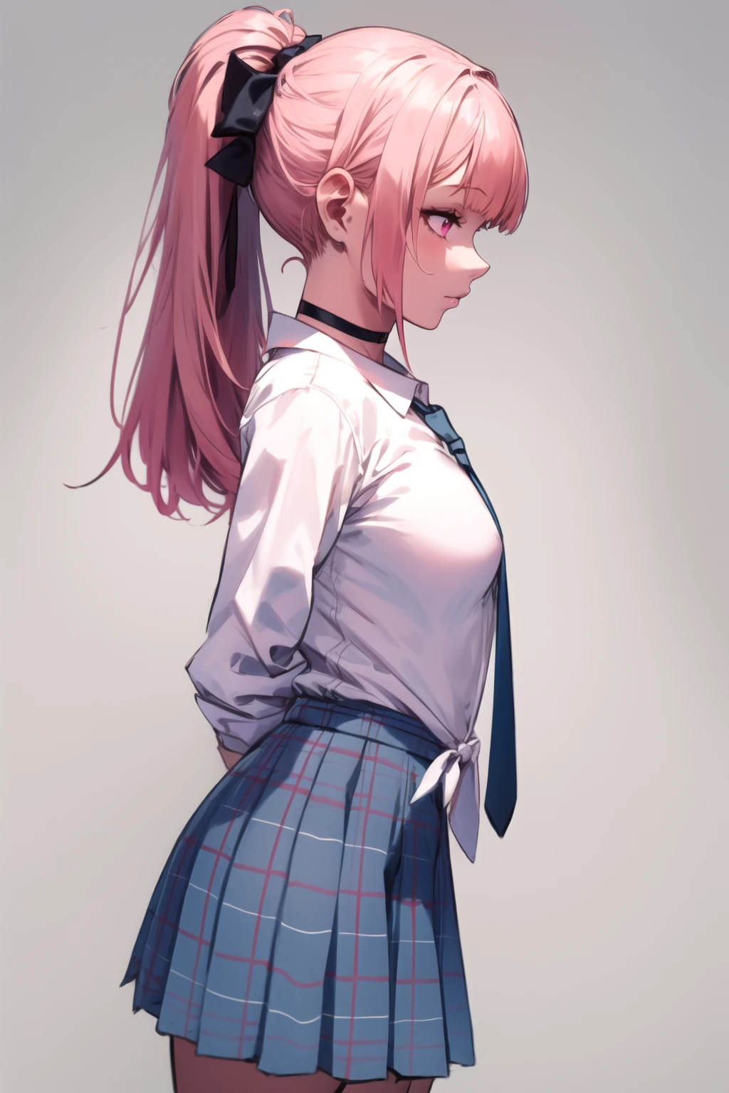 from side, profile, 1girl, pink hair, pink eyes, medium hair, drill hair, blunt bangs, ponytail, medium breasts, cosplay, kitagawa_marin_(cosplay), black choker, blue skirt, collared shirt, dress shirt, grey necktie, miniskirt, plaid skirt, pleated skirt, school uniform, tied shirt, white shirt, <lora:MarinKitagawaSchoolCostume-10:1>, BREAK
(masterpiece, best quality, ultra detailed, intricate details:1.2), beautiful detailed eyes, solo,  <lora:more_details:0.4>