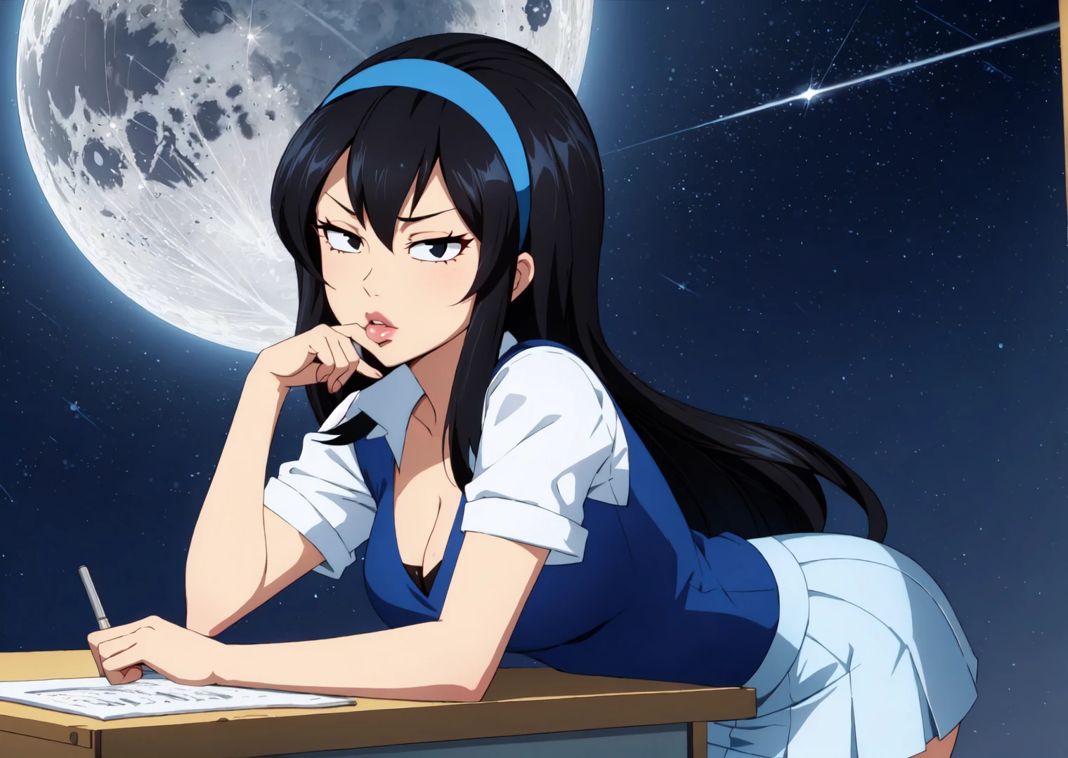 <lora:American_Dad_-_Gwen_Ling:1> AmericanDadGwenLing, American Dad, Gwen Ling, asian, 1girl, black eyes, black hair, light blue vest, white shirt, short sleeves, miniskirt, lips, lipstick, cleavage, desk, hairband, long hair, big hair, moon, night, night sky, shooting star, skirt, sky, solo, space, star \(sky\), starry sky, style parody