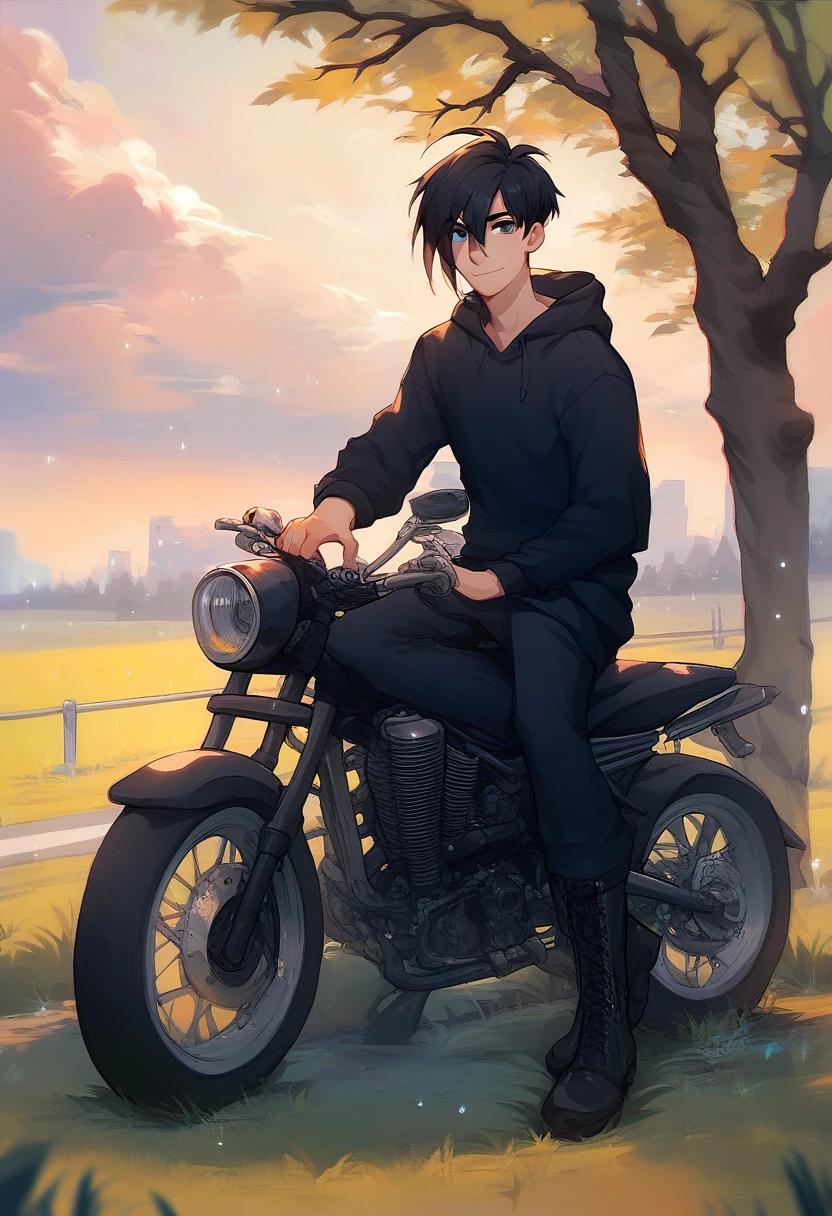 score_9, score_8_up, score_7_up, score_6_up, score_5_up, score_4_up, sebastian_sdv, 1boy, solo, motorcycle, outdoors, boots, black pants, sky, grass, sitting, black hoodie, cloud, looking at viewer, black footwear, short hair, hair between eyes, black hair, full body, smile, long sleeves, tree, closed mouth, bangs <lora:Sebastian_SDV-Pony-XL-v6:1>