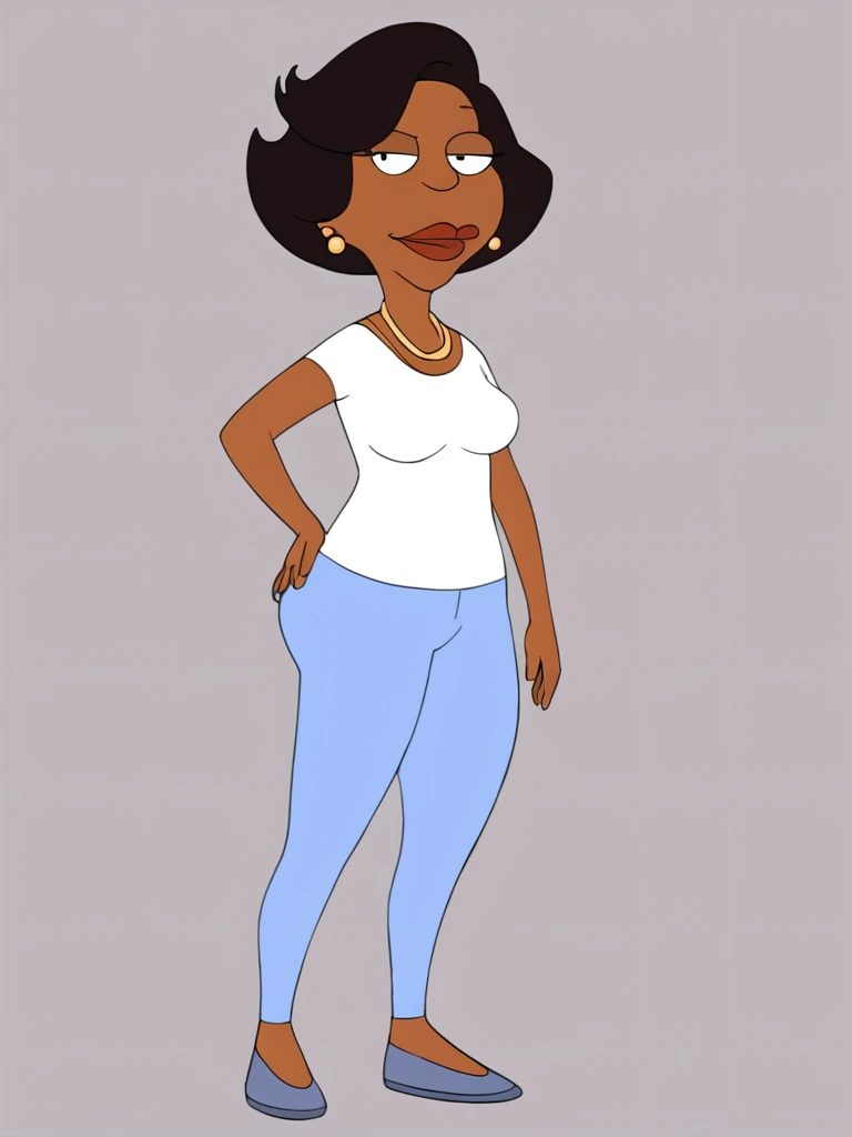 <lora:donnapony2:1> donna, dark skin, black hair, dark-skinned female, 1girl, jewelry, earrings, short hair, solo, necklace, flat color, shirt, white shirt, lipstick, pants, blue pants,hand on own hip, looking at viewer, simple background, mature female,score_9, score_8_up, score_7_up