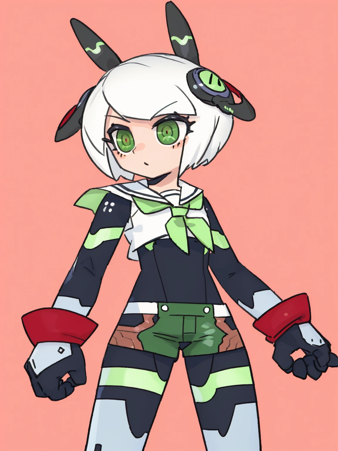 lvzi, short_hair, 1girl, gloves, green_eyes, white_hair, simple_background, solo, colored_skin, black_gloves, white_background, bodysuit, closed_mouth, standing, shorts, black_bodysuit, short_shorts, shirt, breasts, small_breasts, crop_top, cowboy_shot, white_shirt, bodysuit_under_clothes, cropped_legs, looking_to_the_side, neckerchief, green_neckerchief, white_shorts, sailor_collar, white_sailor_collar ,<lora:lvzi-000006:1>, best quality,amazing quality,very aesthetic,absurdres,