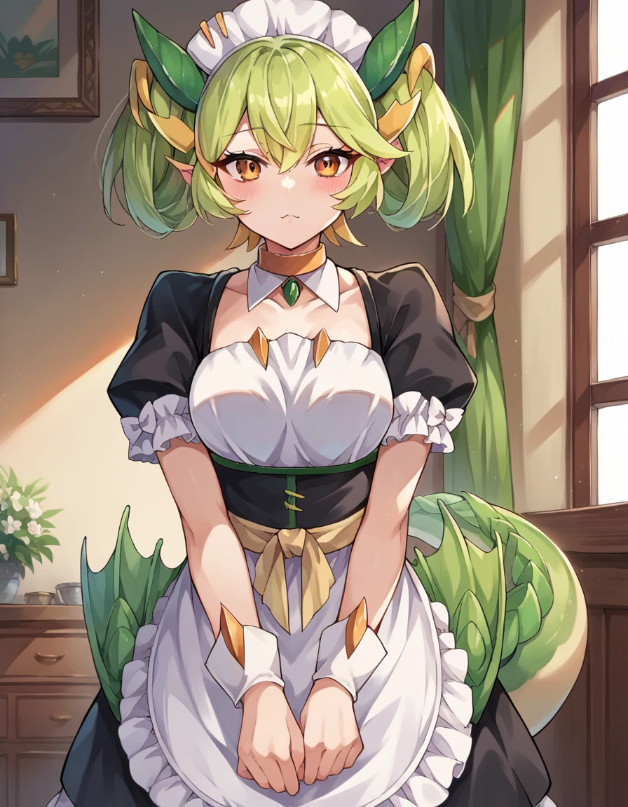 score_9, score_8_up, score_7_up, source_anime,
parlordragonmaid, <lora:parlor-dragonmaid-ponyxl-lora-nochekaiser:1>,
parlor dragonmaid, dragon girl, green hair, brown eyes, dragon tail,
clothing cutout, dress, frilled dress, frills, maid, tail,
indoors,
looking at viewer, cowboy shot, dutch angle,