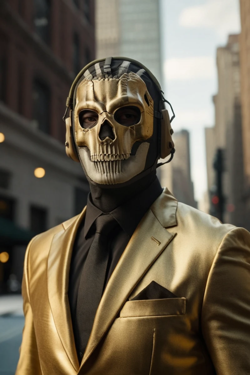cinematic film still Call of Duty soldier, skeleton mask, in NY city, (wearing gold suit:1.2), full body shot, high detail, high res, high quality, realistic shot, realistic texture, recognizable detail, <lora:GHOST-000009:1>, <lora:add-detail-xl:3> . shallow depth of field, vignette, highly detailed, high budget, bokeh, cinemascope, moody, epic, gorgeous, film grain, grainy