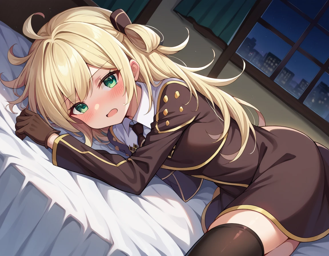 score_9, score_8_up, score_7_up, source_anime,
skystrikeraceraye, <lora:sky-striker-ace-raye-ponyxl-lora-nochekaiser:1>,
sky striker ace raye, blonde hair, green eyes, long hair, one side up,
black thighhighs, collared dress, dress, gloves, long sleeves, short dress, thighhighs, zettai ryouiki,
indoors, bed, bed room, on side, blush, drunk,
looking at viewer, cowboy shot, dutch angle,