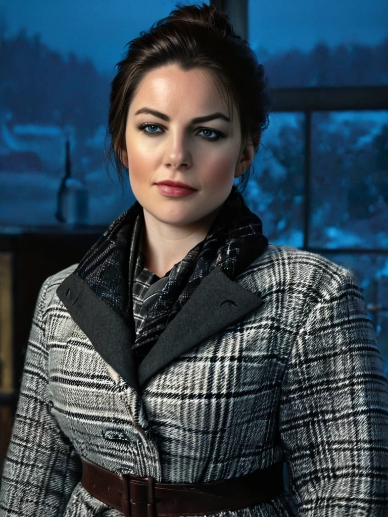 <lora:SDXL_AbigailMarstonV1:1.2>, AbigailMarston, with blue eyes and dark brown hair tied in a bun, wearing a checked grey and white knee-length coat, a grey scarf, and a dark brown patterned gloves, and black boots, :3, ecstatic, medium shot, (masterpiece, high resolution, Technicolor filmstill:1.3), the most hauntingly presentable woman, (piercing gaze:1.2), (dark allure:1.1), arms behind back in a atrocious kitchen at evening, casting eerie shadows, (intense expression:1.1), (ghostly pale skin:1.1), (whispers of the night:1.2), reaching out like skeletal fingers, (spine-chilling atmosphere:1.2), (redoubtable presence:1.1), shot on a 35mm Arriflex camera with an Angenieux 25-250mm f/3.2 lens, adding a cinematic quality to the haunting scene, a captivating blend of beauty and darkness in a Technicolor filmstill that evokes an ethereal sense of otherworldly enchantment, perfect eyes