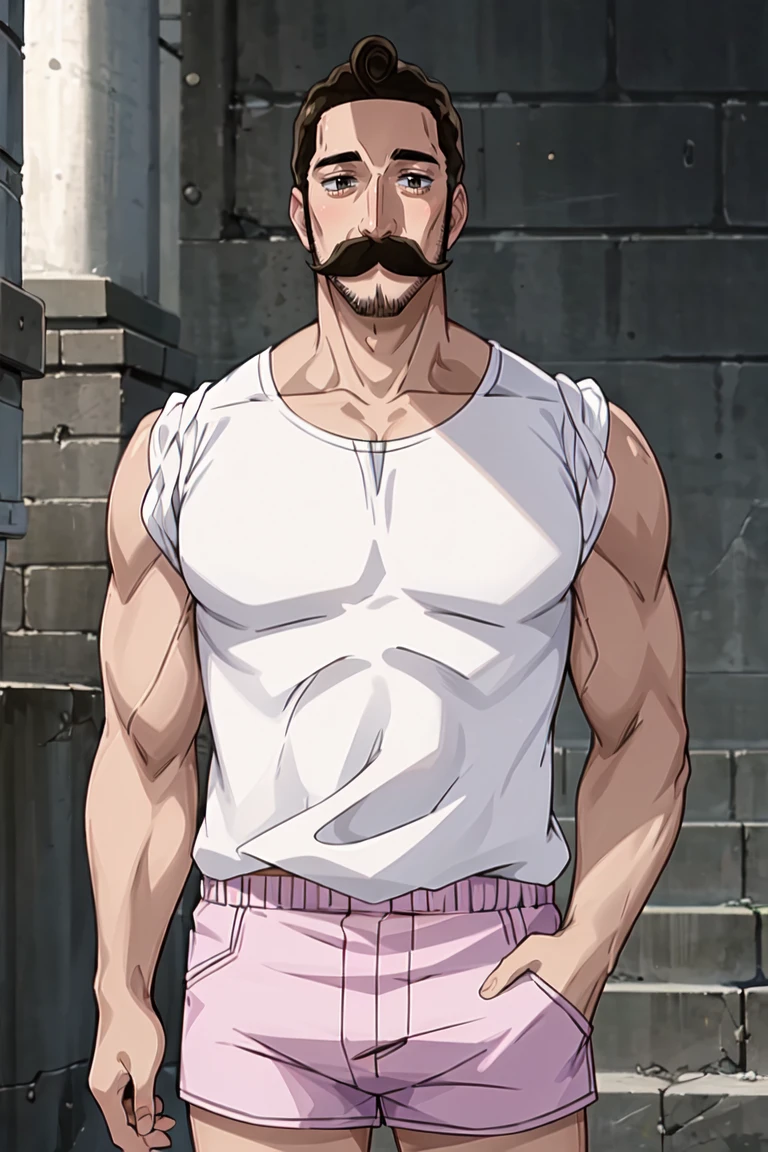 masterpiece, best quality, ultra-detailed, glistening shiny, glowing light, ray tracing, HDR, deph of field, (perfect face, detailed face), 1boy, <lora:Alaindelon:0.8>, alaindelon, mustache, facial hair, muscular, white tank top, pink shorts, standing