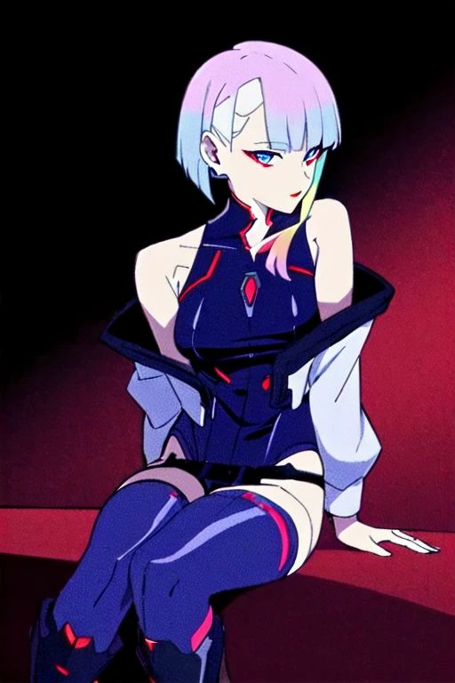 1girl, solo, breasts, looking at viewer, short hair, bangs, blue eyes, simple background, thighhighs, holding, bare shoulders, medium breasts, sitting, jacket, multicolored hair, boots, open clothes, off shoulder, leotard, open jacket, makeup, highleg, white jacket, black background, smoke, cigarette, smoking, red lips, cyborg, holding cigarette, cyberpunk, red eyeliner, lucy (cyberpunk)