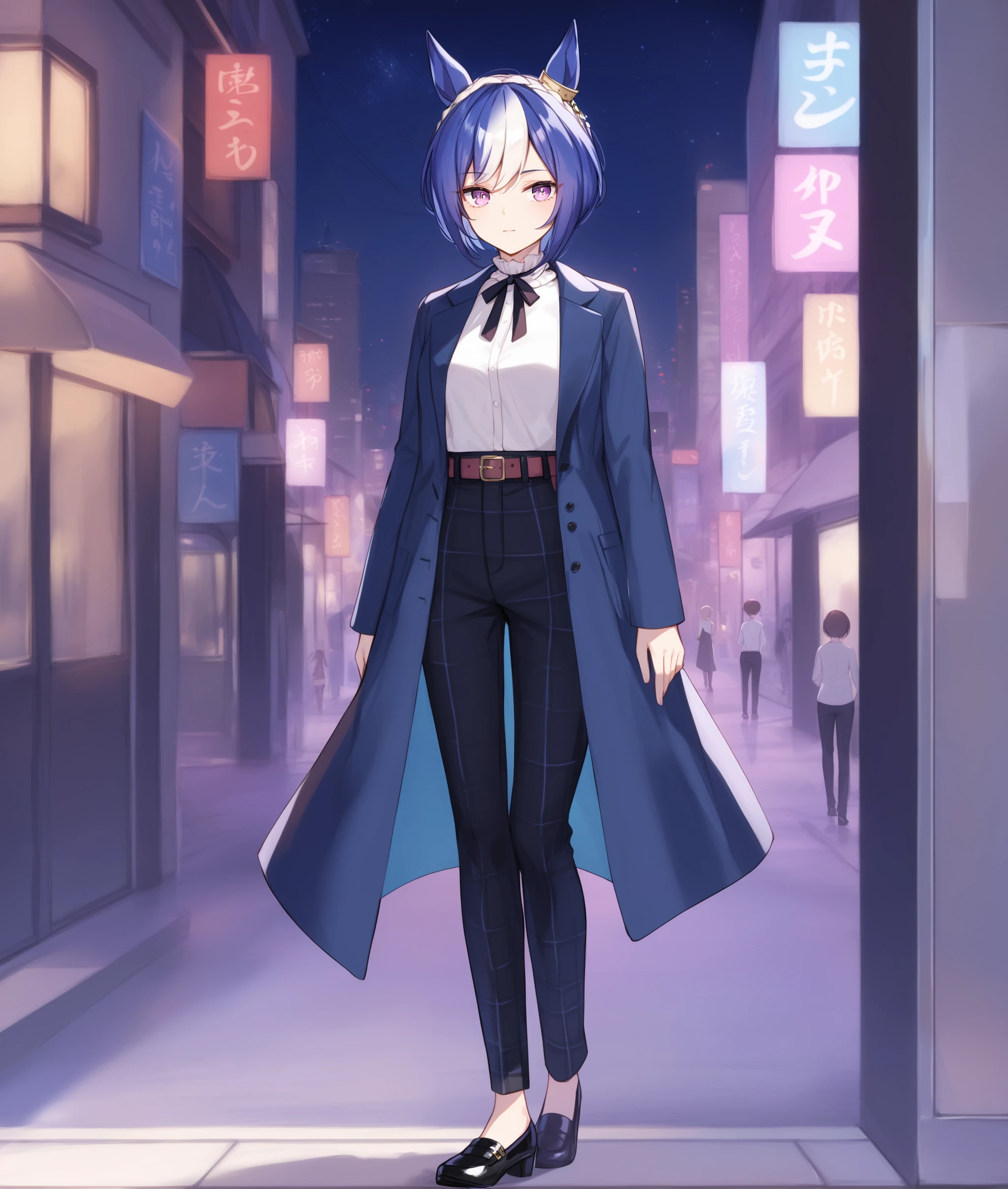 score_9, score_8_up, score_7_up, 2D, anime BREAK
night, city,
casual_clothes, 1girl, solo, looking at viewer, short hair, bangs, shirt, long sleeves, ribbon, animal ears, closed mouth, blue hair, standing, purple eyes, full body, white shirt, white hair, multicolored hair, shoes, belt, pants, black footwear, two-tone hair, streaked hair, coat, plaid, neck ribbon, black pants, horse ears, black background, horse girl, blue coat,
<lora:Cesario-ponyXL:0.8>,