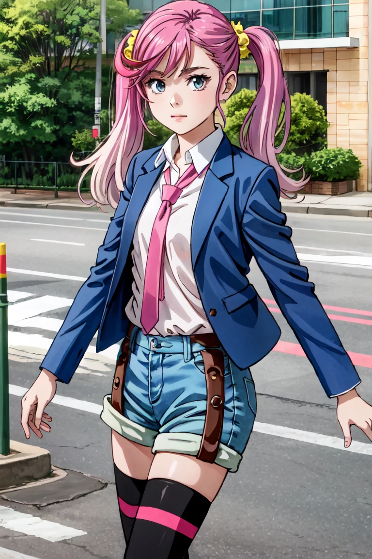 EriKaran, 1girl, solo, yellow scrunchie, bangs, blue jacket, open jacket, white shirt, purple necktie, blue shorts, thighhighs, naval, standing, outside, facing viewer  <lora:EriKaran1:0.75>