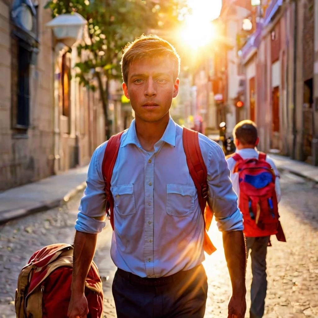 <lora:guatemala:1.25> a man with sunlight on their way to school in the city, tack sharp, 4k, masterpiece