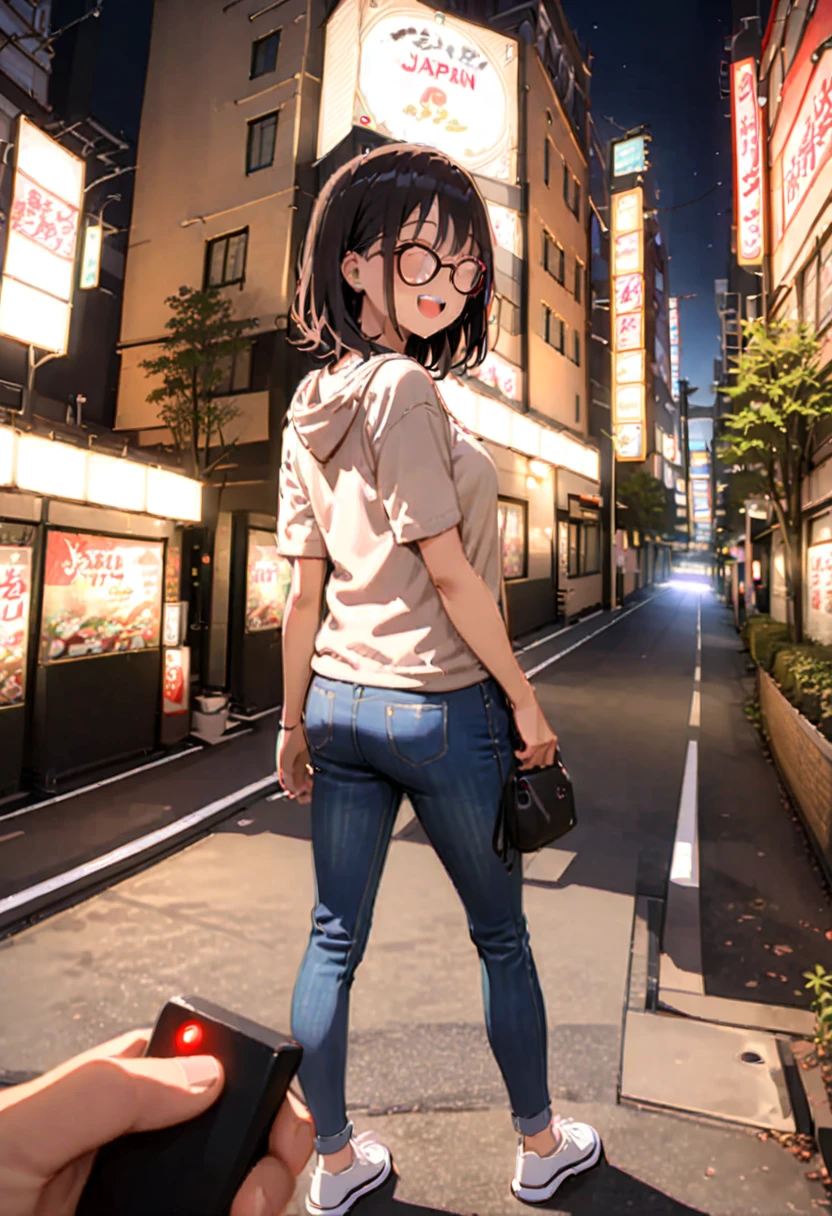 masterpiece, best quality, very aesthetic, absurdres,
1girl, solo, glasses, black hair, medium hair, medium breasts, casual style, jeans, t-shirts, sneakers, hoodies, simple accessories, comfortable clothing, bag, laughing, looking back,
remote controller, remote control, holding, pov, juso, lovehogai, scenery, japan, night, lamppost, outdoors, tree, building, road, city lights, street, night sky, light, lights, sign, city, english text, neon lights,
<lora:remocon_SDXL_V2:0.8> <lora:lovehogai_juso_SDXL_V1:0.8>