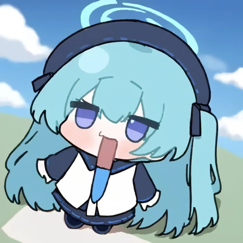 1girl,nyn meme,hatsune_\(blue_archive\), halo,cloudy sky, blurry background,masterpiece, newest, absurdres, <lora:nyn_meme_kohaku-000460:1>