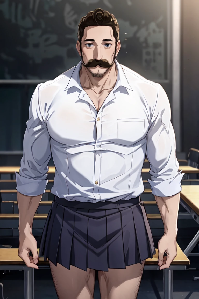 masterpiece, best quality, ultra-detailed, glistening shiny, glowing light, ray tracing, HDR, deph of field, (perfect face, detailed face), 1boy, <lora:Alaindelon:0.8>, alaindelon, mustache, facial hair, muscular, girl uniform, short skirt, standing, bare legs