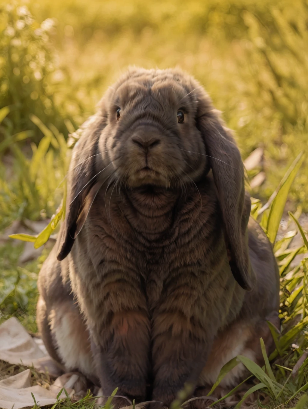 masterpiece, best quality, real, black bunny, black fur, big (lop ears:1.2), sitting in grass, dandelions, looking at viewer, 8K, HDR, ultra detailed, <lora:Bunnies:1>