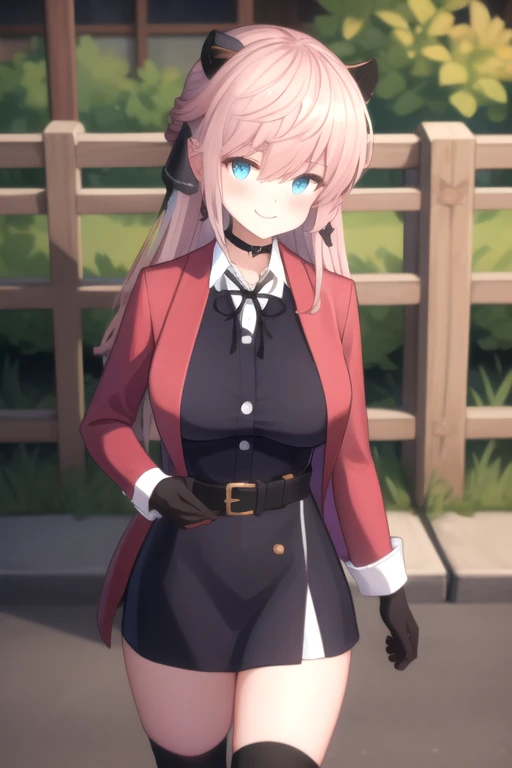 ((masterpiece)),(best quality),official art,extremely detailed CG,unity 8k wallpaper,ultra detailed,beautiful detailed eyes,extremely detailed face,outdoors,1girl,solo,cowboy shot,looking at viewer,facing viewer,smile,Vivi(v atmi),horns,long hair,pink hair,hair ribbon,black ribbon,sidelocks,bangs,blue eyes,choker,red coat,black dress,shirt under dress,collared shirt,white shirt,neck ribbon,white button,long sleeves,black gloves,large ,black belt,black thighhighs,zettai ryouiki,boots,black footwear,<lora:Vivi(v atmi)>,