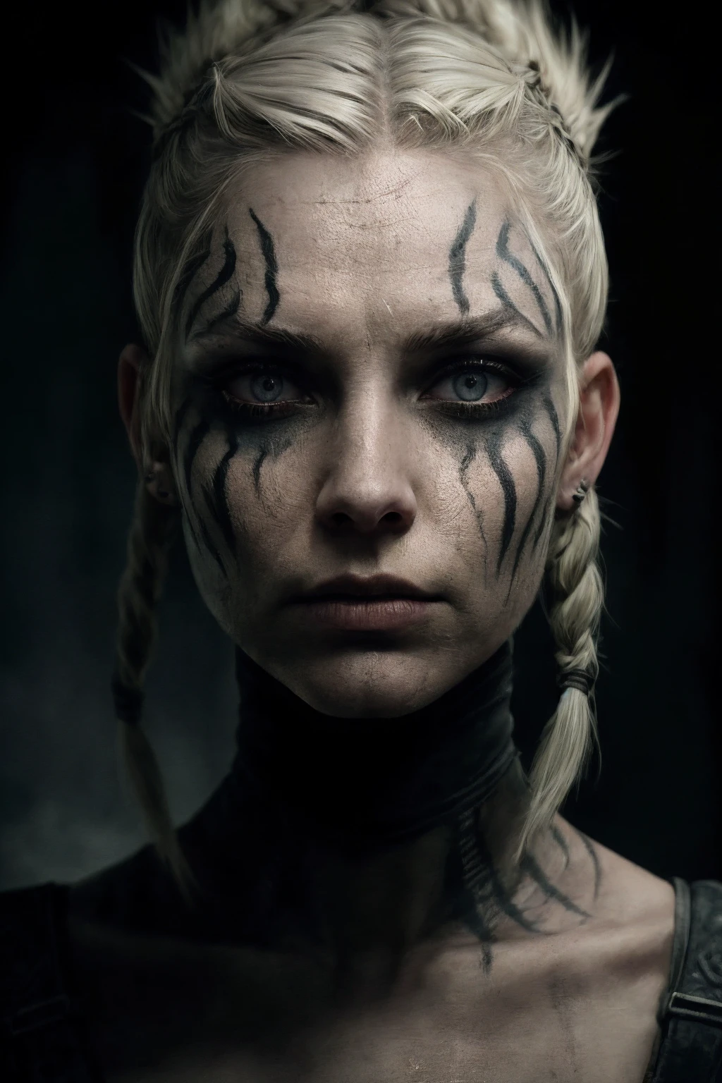 Horror-themed (extreme close shot of eyes :1.3)  of nordic woman, (war face paint:1.2), mohawk blonde haircut wit thin braids, runes  tattoos, sweat,  (detailed dirty skin:1.3) shiny, (epic battleground backgroun :1.2),   . analog, haze, ( lens blur :1.3) , hard light,  sharp focus on eyes, low saturation, by ilya kuvshinov and flora bosil  <lora:add_detail:0.7> 
 . Eerie, unsettling, dark, spooky, suspenseful, grim, highly detailed