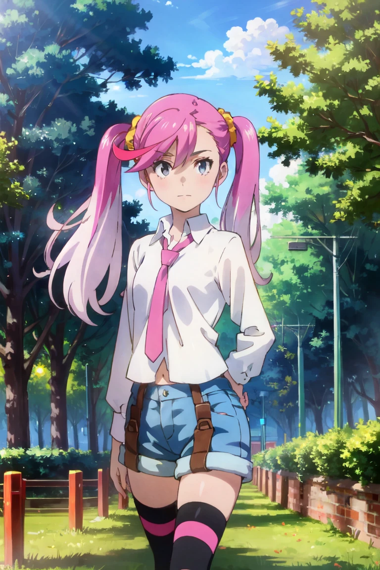 EriKaran, 1girl, solo, yellow scrunchie, white shirt, blue shorts, purple necktie, thighhighs, naval, standing, park, nature, outside, looking at viewer, (upper body), <lora:EriKaran1:0.75>