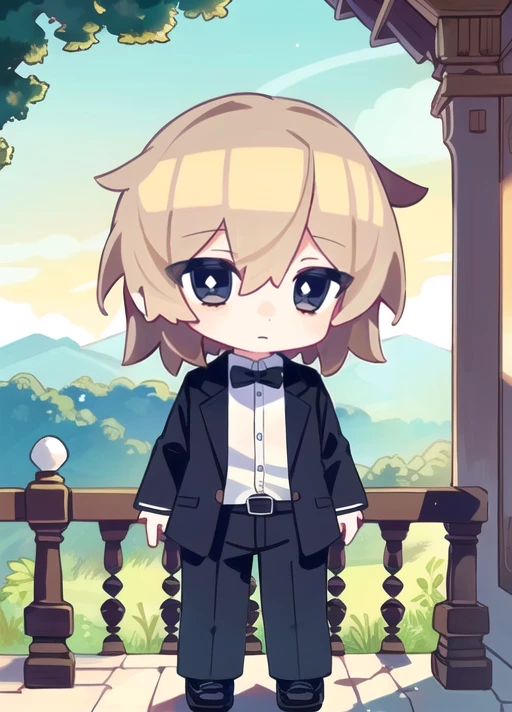 8kï¼ultra-detailed, illustration, (beautiful detailed eyes), beautiful, amazing, detailed eyes, (((masterpiece))),1boy,chibi,,full body <lora:ttn:0.8>,bloomers,light brown hair,solo,landscape,suit
