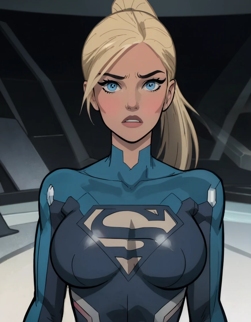 perfect quality,detailed, (large breasts:1.3),blonde,blue eyes,perfect face,looking at viewer,detailed face,perfect face,,,detailed eyes,detailed face,looking at viewer, <lora:Supergirl_Tomorrowverse_V2-10:1>,s,(standing,upper body:1.2),sexy pose,indoors,ponytail,krypon bodysuit,blue superman logo,surprised