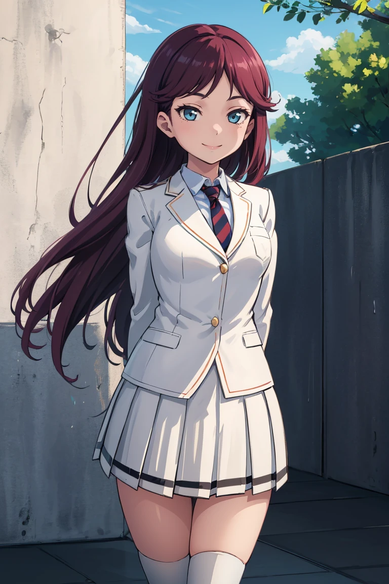 masterpiece, best quality, absurdres, 1girl, solo, ErenaTodo, long hair, white blazer, striped necktie, white skirt, pleated skirt, kneehighs, loafers, arms behind back, smile, outdoors, <lora:CHAR-ErenaTodo:1>