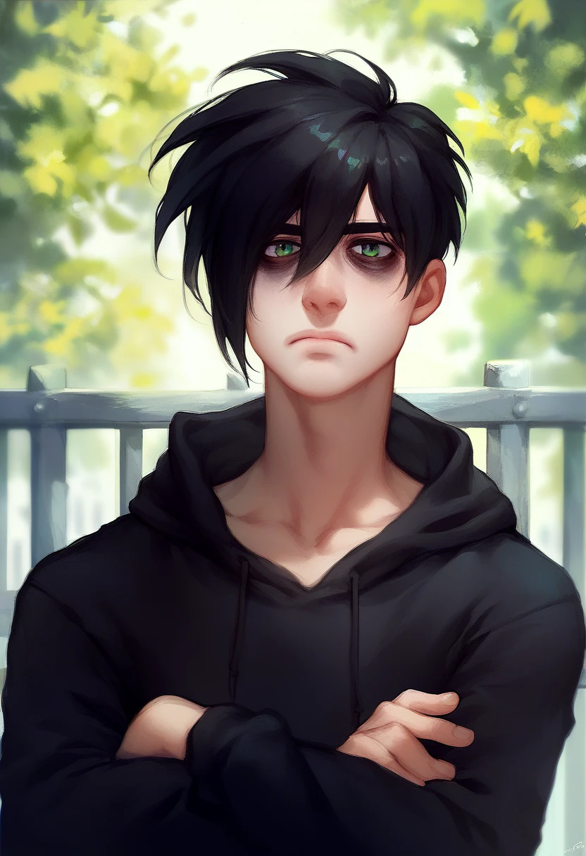 score_9, score_8_up, score_7_up, score_6_up, score_5_up, score_4_up, sebastian_sdv, solo, black hair, looking at viewer, 1boy, upper body, short hair, collarbone, day, black hoodie, outdoors, green eyes, crossed arms, hair between eyes, bags under eyes <lora:Sebastian_SDV-Pony-XL-v6:1>