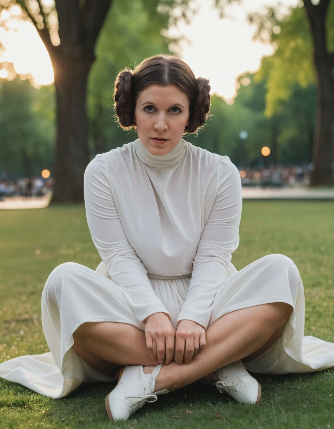 high resolution photo of le_ia,double bun hairstyle,she is wearing white gown,full body shot,sitting in a park,volumetric lighting and bokeh,the background is super detailed,the shot is cinematic