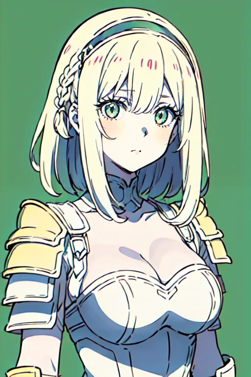 xxgengast, ccflatcolor, ssfillbackground, upper body, looking at viewer, solo, breasts, bangs, large breasts, cleavage, green eyes, braid, hairband, medium hair, armor, wavy hair, shoulder armor
 <lora:genga style-000002:1>