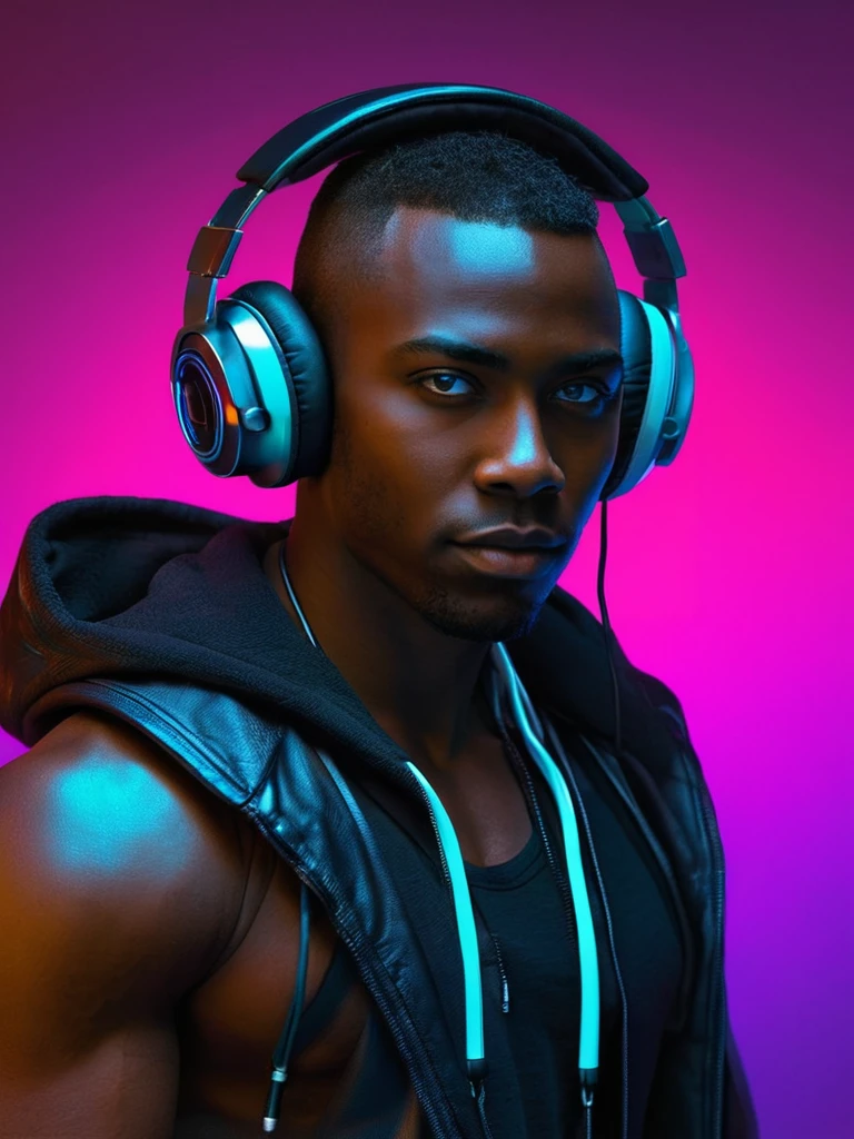1 man, handsome, warrior, cyberpunk, realistic photo, looking at viewer, dark skin, neon lights, science, headphones, portrait \(object\),