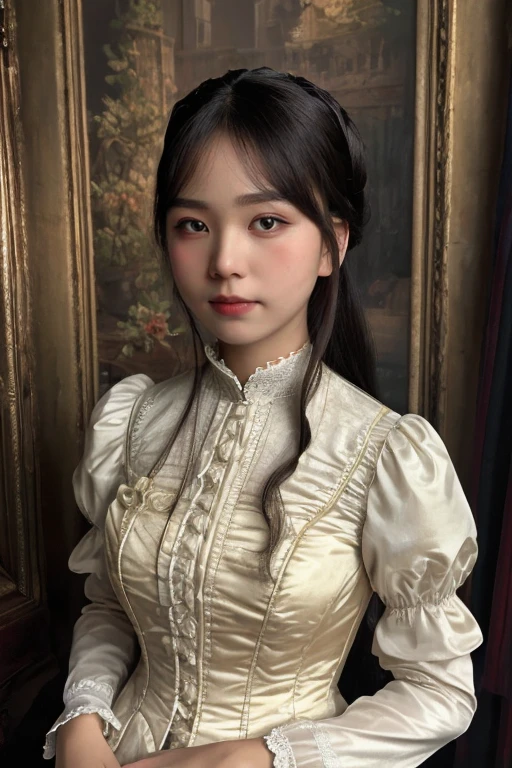 masterpiece, best quality, ultra-detailed, ultra high res, (photorealistic:1.4), raw photo, (realistic:0.2), 8k HDR, realistic lighting, 1girl, solo, looking at viewer, asymmetrical long hair, (detailed oily skin), (detailed face), (victorian background :1.1), (upper body:1.2), (victorian dress), lace, bodice