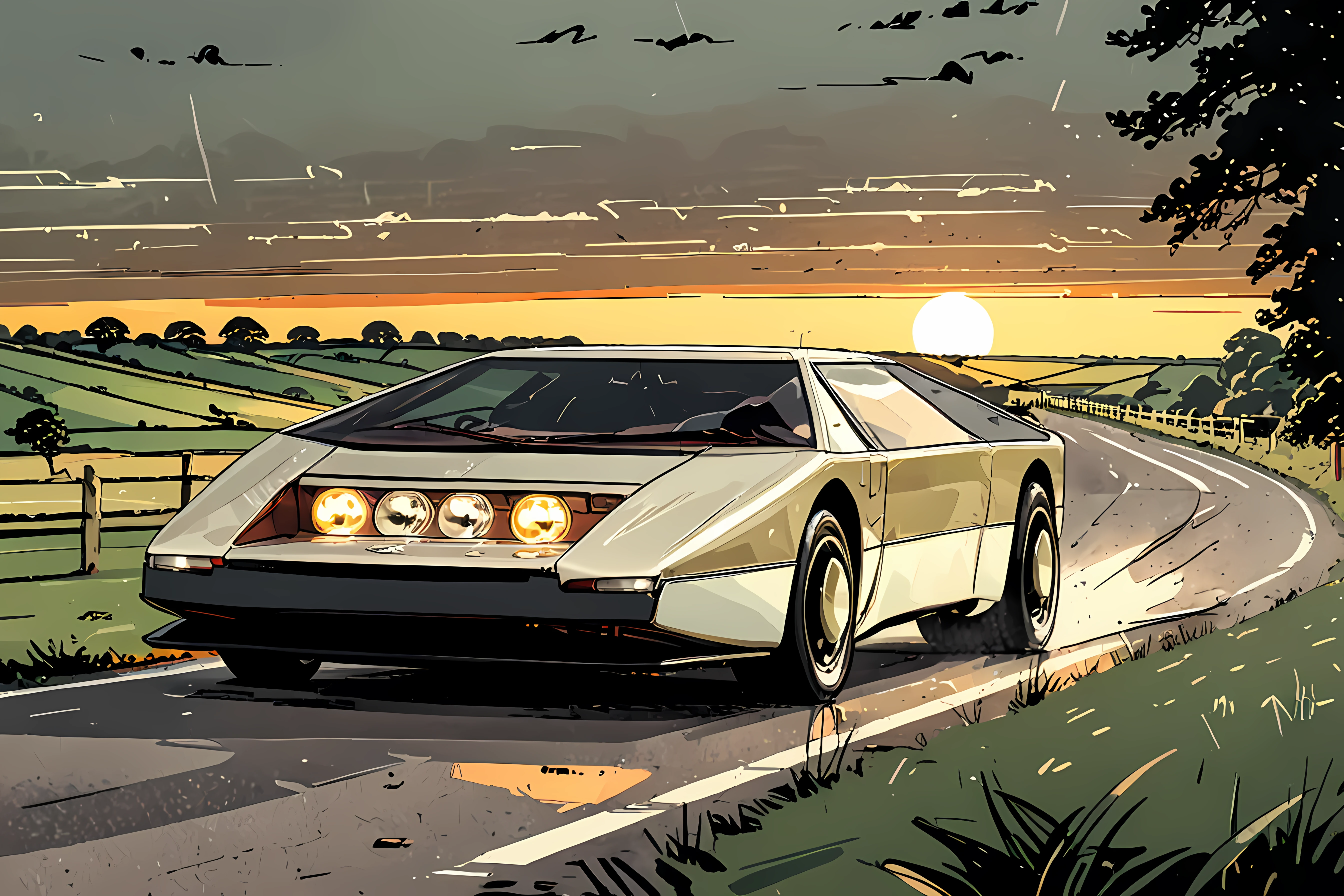 <lora:the_pulp_session_lora_f16:1>,, an aston martin bulldog, headlights visible, in the british countryside, car chase, epic, action, cinematic, motion trails, colored inked, comics, graphic novel illustration, flat colors, highly detailed, large gradient, paper texture, go pro, color graded illustration, comics page, twilight,