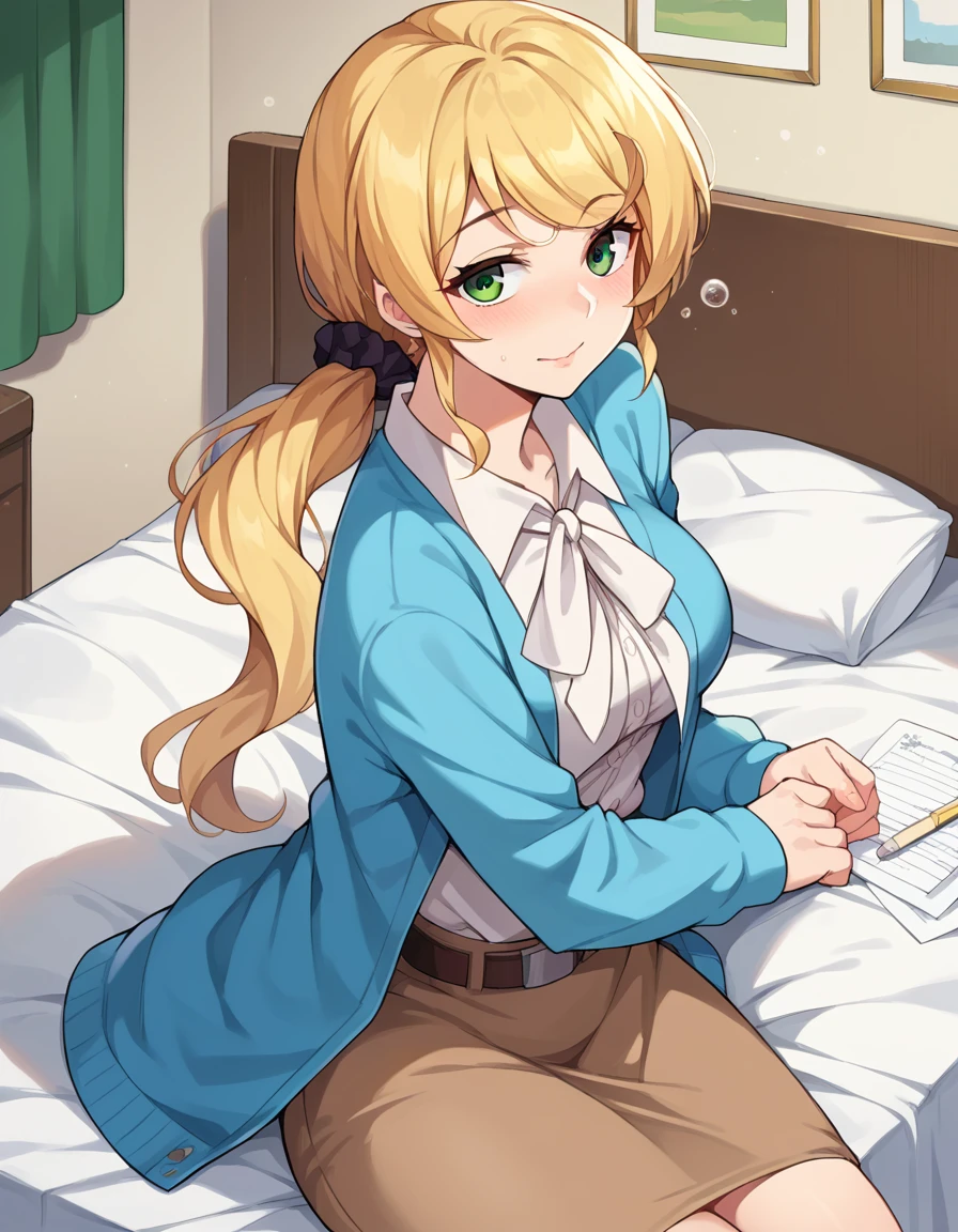 score_9, score_8_up, score_7_up, source_anime,
ellenbaker, <lora:ellen-baker-ponyxl-lora-nochekaiser:1>
ellen baker, blonde hair, green eyes, long hair, ponytail, scrunchie, mature female,
shirt, white shirt, collared shirt, cardigan, blue cardigan, belt, skirt, brown skirt, pencil skirt,
indoors, bed, bed room, on side, blush, drunk,
looking at viewer, cowboy shot, dutch angle,