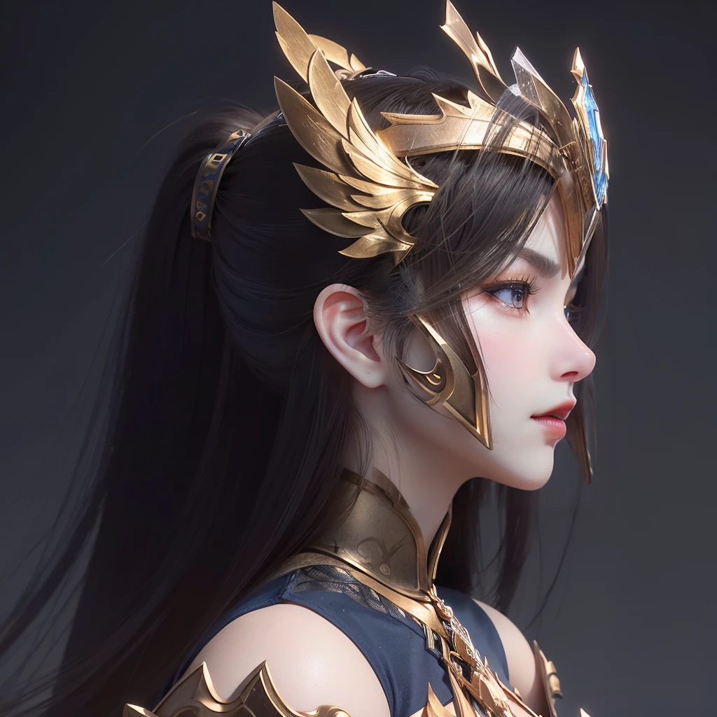 <lora:nvzhanshen-000006:0.8>,nvzhanshen,1girl,solo,long hair,white background,blue eyes,simple background,ponytail,Inlaid with gold,white armor,battle suit,gloves,black hair,portrait,armor,lips,looking up,from side,, best quality , masterpiece, illustration, an extremely delicate and beautiful, extremely detailed ,CG,unity,8k wallpaper, Amazing, finely detail, masterpiece, best quality,official art,extremely detailed CG unity 8k wallpaper,absurdres, incredibly absurdres, huge filesize , ultra-detailed, highres, extremely detailed,beautiful detailed girl, extremely detailed eyes and face, beautiful detailed eyes,light on face,