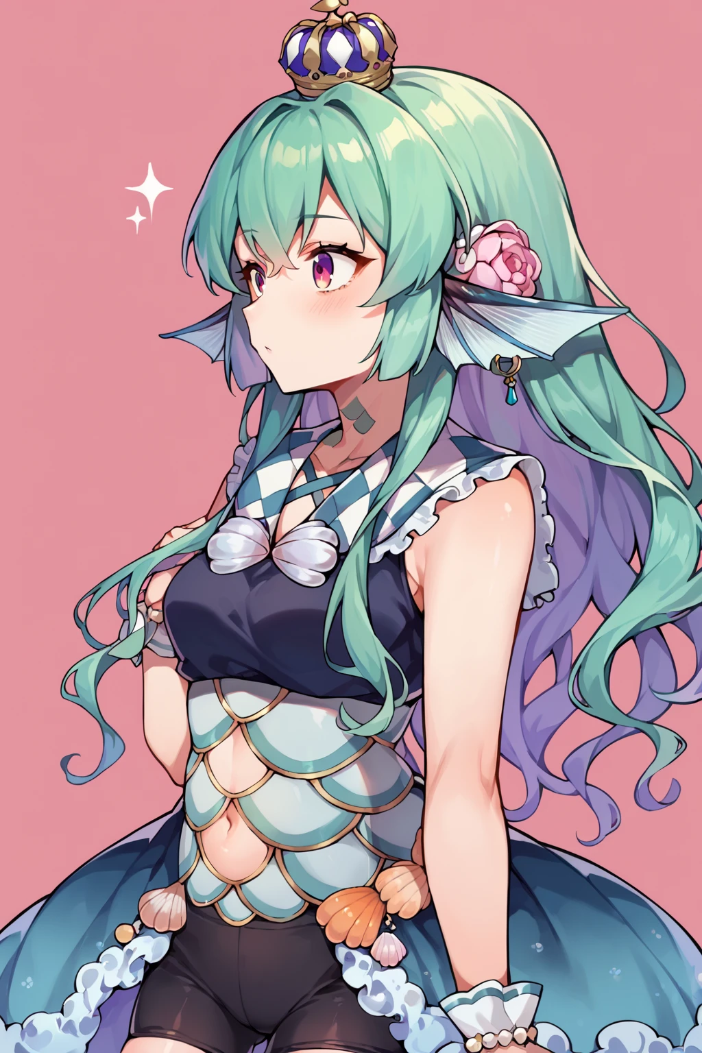 score_9, score_8_up, score_7_up, uncensored, source_anime, 1girl, <lora:spfinanaRyuguXLPony:1> finana1st, neck tattoo, hair flower, navel cutout, seashell, crown, frilled sailor collar, bike shorts, showgirl skirt, wrist cuffs, pink background, simple background, upper body