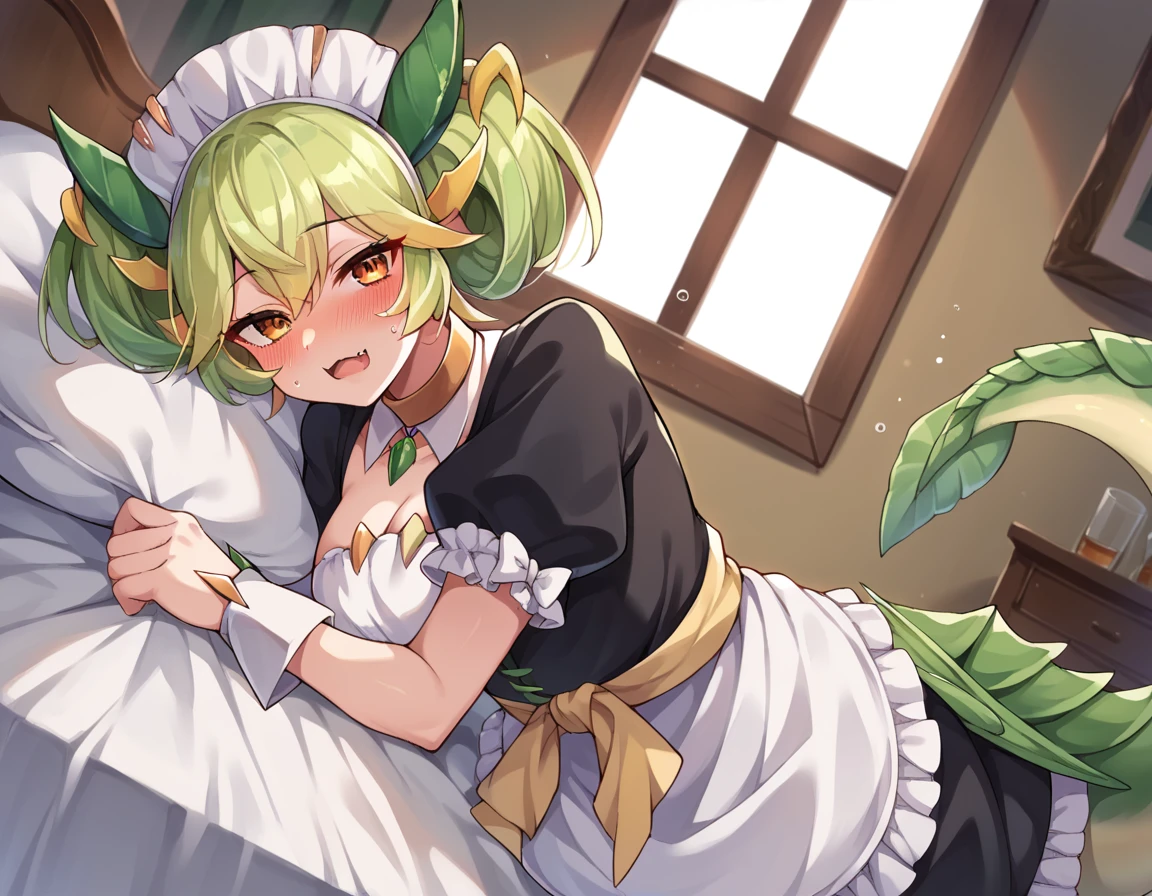 score_9, score_8_up, score_7_up, source_anime,
parlordragonmaid, <lora:parlor-dragonmaid-ponyxl-lora-nochekaiser:1>,
parlor dragonmaid, dragon girl, green hair, brown eyes, dragon tail,
clothing cutout, dress, frilled dress, frills, maid, tail,
indoors, bed, bed room, on side, blush, drunk,
looking at viewer, cowboy shot, dutch angle,