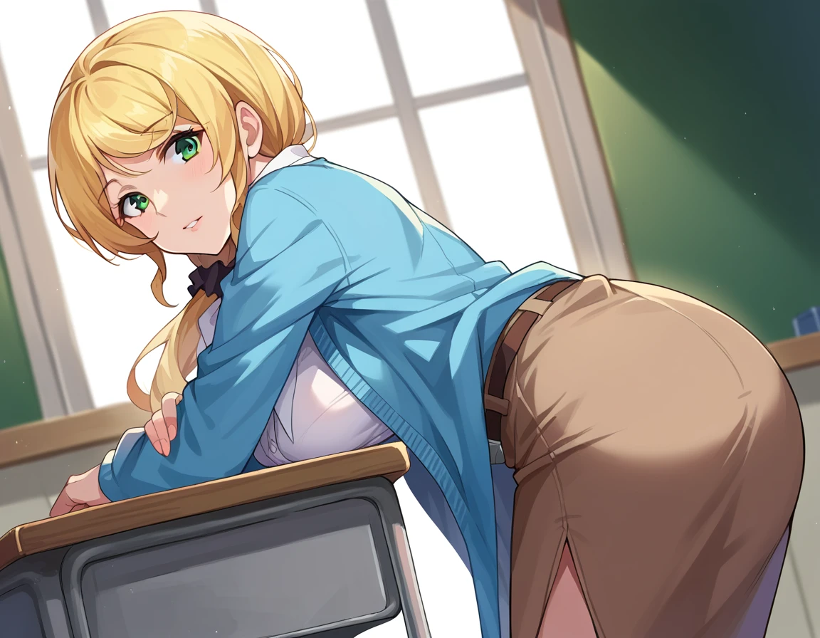 score_9, score_8_up, score_7_up, source_anime,
ellenbaker, <lora:ellen-baker-ponyxl-lora-nochekaiser:1>
ellen baker, blonde hair, green eyes, long hair, ponytail, scrunchie, mature female,
shirt, white shirt, collared shirt, cardigan, blue cardigan, belt, skirt, brown skirt, pencil skirt,
indoors, classroom, bent over,
looking at viewer, cowboy shot, dutch angle,