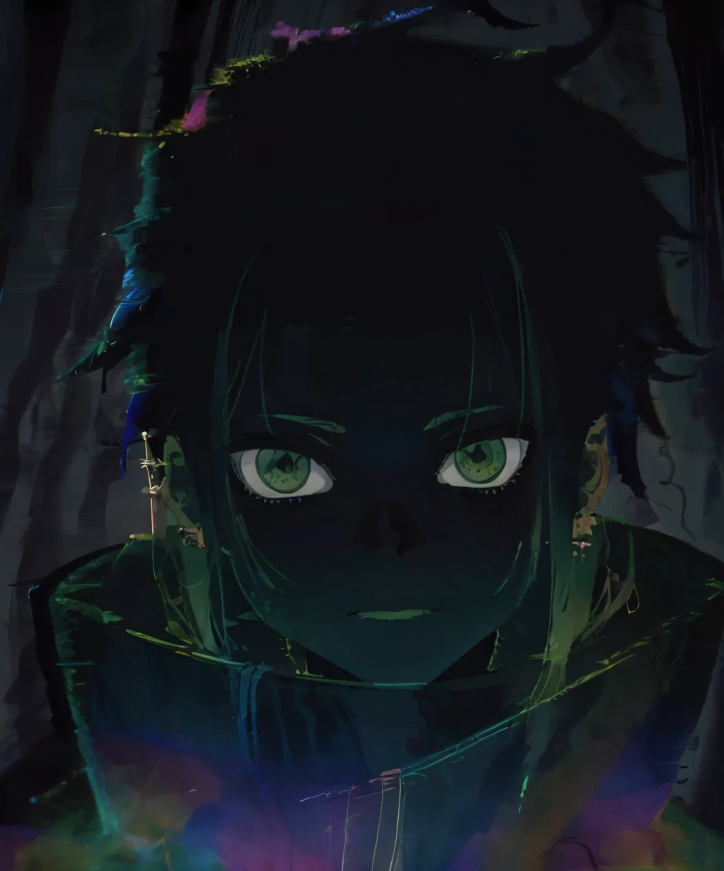 (ultra-detailed),(masterpiece),(best quality),dark,glitch,rainbow,1girl,green eyes,expressionless,mask,piercing,looking at viewer,portrait,solo,<lora:gentoshin_no_jutsu-07:1>,
