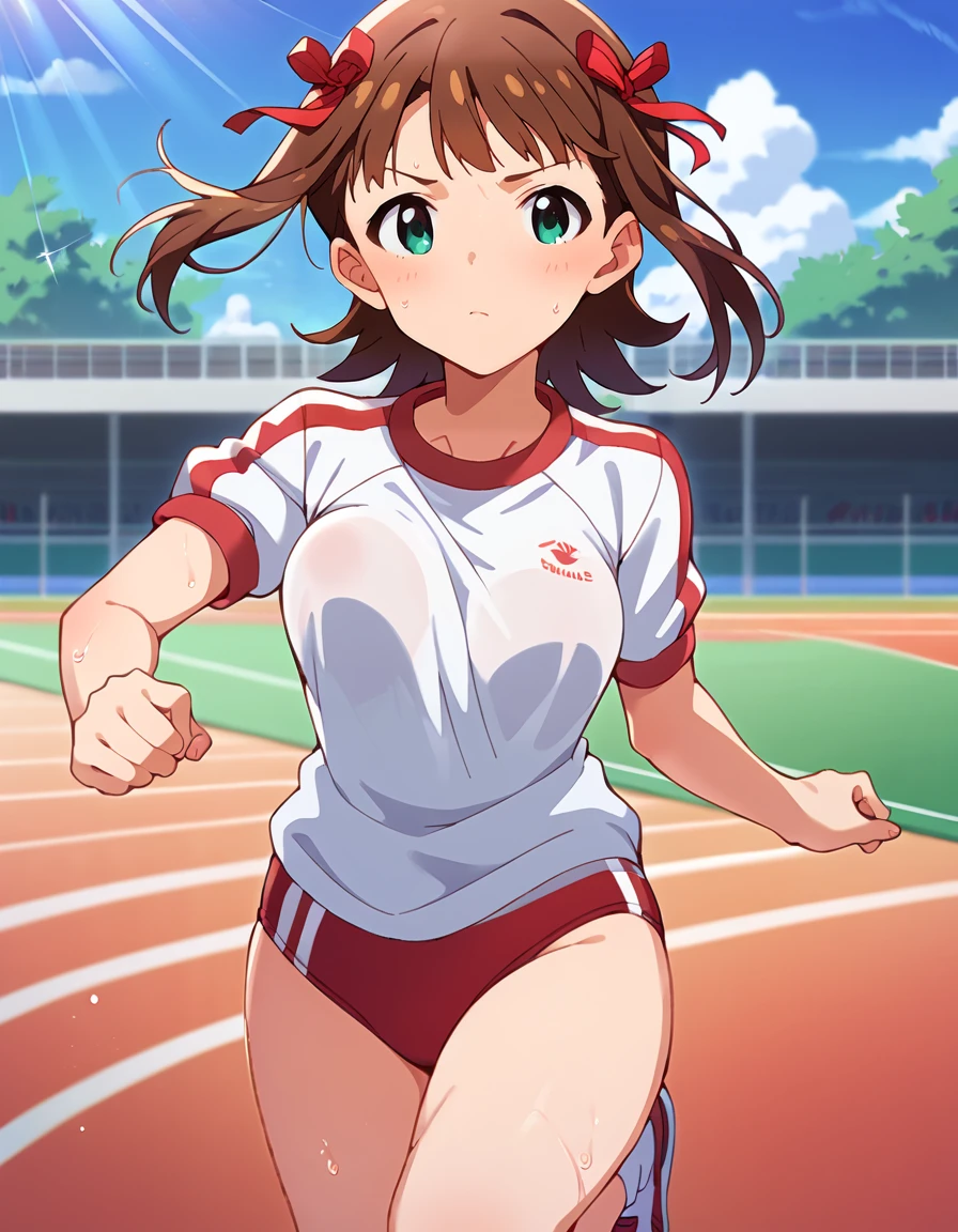 score_9, score_8_up, score_7_up, source_anime,
rating_sensitive, sexually suggestive, nsfw, 
pinup of 1girl, solo, running, running track,   marathon, serious, sweat, flying sweatdrop, bouncing breasts, outdoors, day, sunbeam, 
 <lora:AmamiHaruka_pony_v1:0.9>
ammhrk, short hair, medium hair, brown hair, bangs, (red hair ribbon:1.2), green eyes, medium breasts, 
gym uniform, white gym shirt, untucked shirt,  red buruma, thighs, 
detailed eyes, eye refraction,