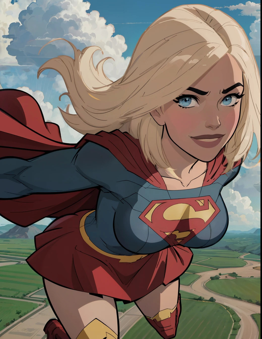 perfect quality,detailed, (medium breasts:1.3),blonde,blue eyes,perfect face,looking at viewer,detailed face,perfect face,smile,cape,detailed eyes,detailed face,looking at viewer, <lora:Supergirl_Tomorrowverse_V2-10:1.3>,skirt,thigh boots,red skirt,,classic superman logo,thighighs,blue top,golden belt,(flying,in sky,clouds:1.2),sexy pose