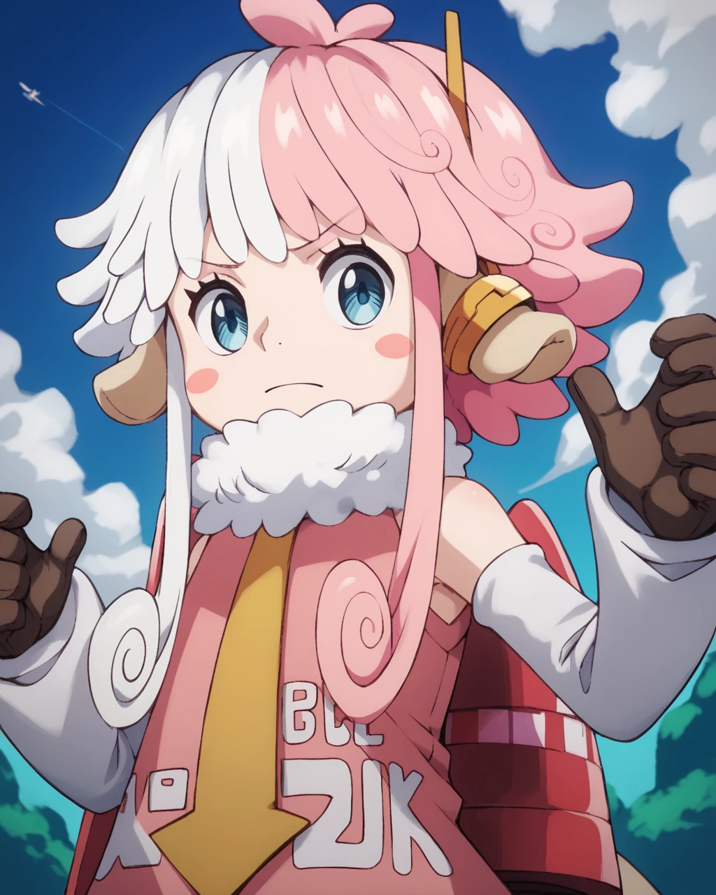 score_9, score_8_up, score_7_up, score_6_up, score_5_up, score_4_up, BREAK source_anime,
<lora:Atlas_PONY:1>,Atlas,1girl,pink hair, white hair, blue eyes, multicolored hair, animal ears,long hair,two-tone hair, gloves, blush stickers, necktie,detached sleeves, dress,