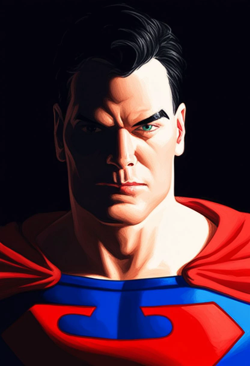 score_9, (rating_safe), BREAK PONYXL_AlexRoss_ComicArt_ownwaifu, 1boy, male focus, superhero, black hair, red cape, black background, looking at viewer, closed mouth, upper body, simple background, bodysuit