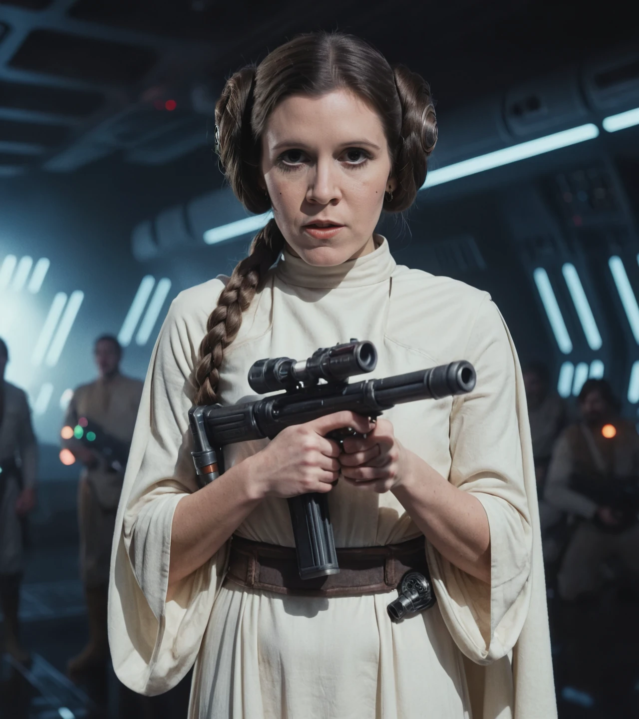 high resolution photo of le_ia with double bun hairstyle,wearing withe gown,holding a star wars gun,full body shot,the scene has a dramatic look,volumetric lighting and bokeh,the background is super detailed,the shot is cinematic