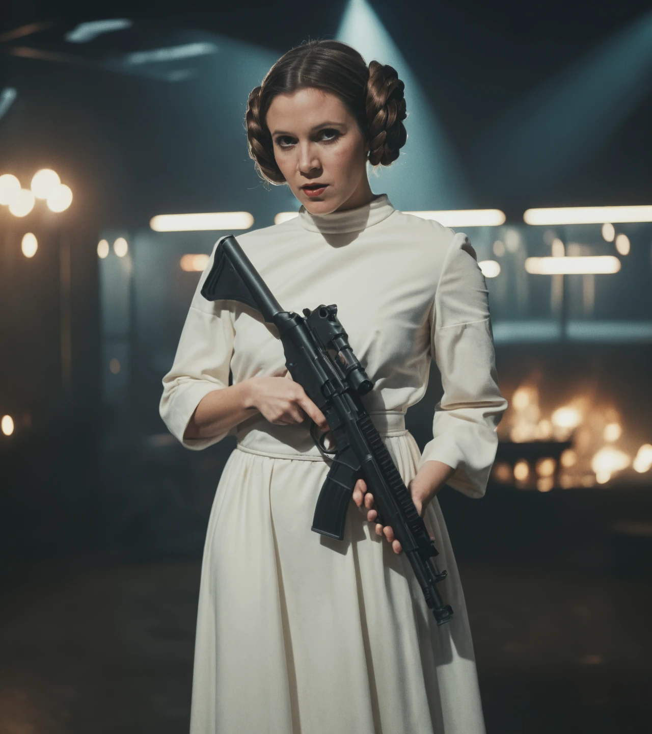 high resolution photo of le_ia with double bun hairstyle,wearing withe gown,holding a gun,full body shot,the scene has a dramatic look,volumetric lighting and bokeh,the background is super detailed,the shot is cinematic