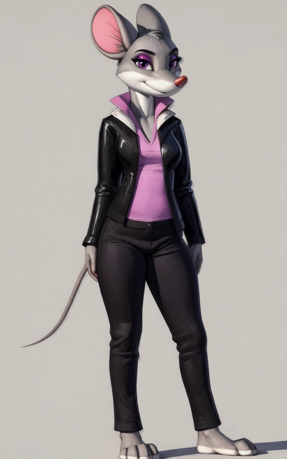 8k,4k,((Best quality, masterpiece, ultra high resolution)),full body, by pixelsketcher,  <lora:TheaStilton:0.8>,TheaStilton,tail, makeup,  mouse tail,eyeshadow, mouse ears, body fur,grey fur,  purple eyes, animal nose, furry female, animal ears, barefoot,
shirt, pink shirt, black jacket, jacket, pants, grey pants,  open jacket,collared shirt,feet,(white background)