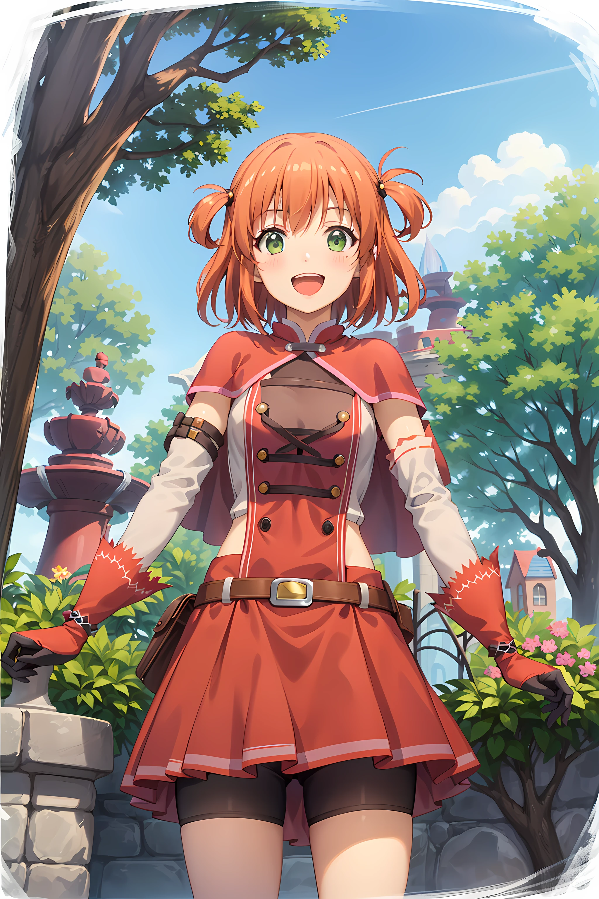 best quality, masterpiece, detailed,
<lora:PrincessConnect_Rino:0.8>, Rino,
1girl, open mouth, smile,
orange hair, medium hair, green eyes, hair rings,
capelet, dress, cross-laced clothes, pleated skirt, bike shorts under skirt, belt, detached sleeves, gloves,
looking at viewer, arms at sides, cowboy shot,
outdoors, fantasy, fountain, tree