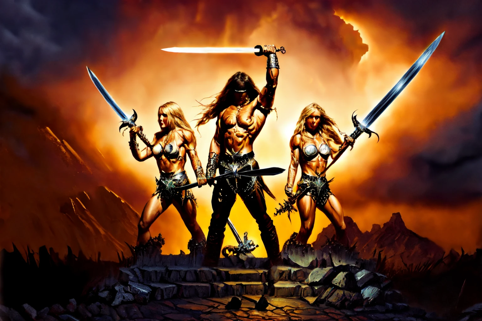 beautiful eyes, beautiful girl, high detail skin, high detail eyes, high detail hair, highres, ultra detailed, sharpen picture, Highly detailed, masterpiece, best quality, photorealistic,
 <lora:faceless warriorLora:1>background, long hair, faceless, dark face, no face, belt,, 1boy, muscular, bikini:1.2 armor, pants, weapon, background, chain, sword, abs, skull, fire, blood, glowing,fantasy, dragon, hammer, lightning, in a modern city, at night, city lights
 (1girl:1.4, multiple girls, wings, blonde hair)